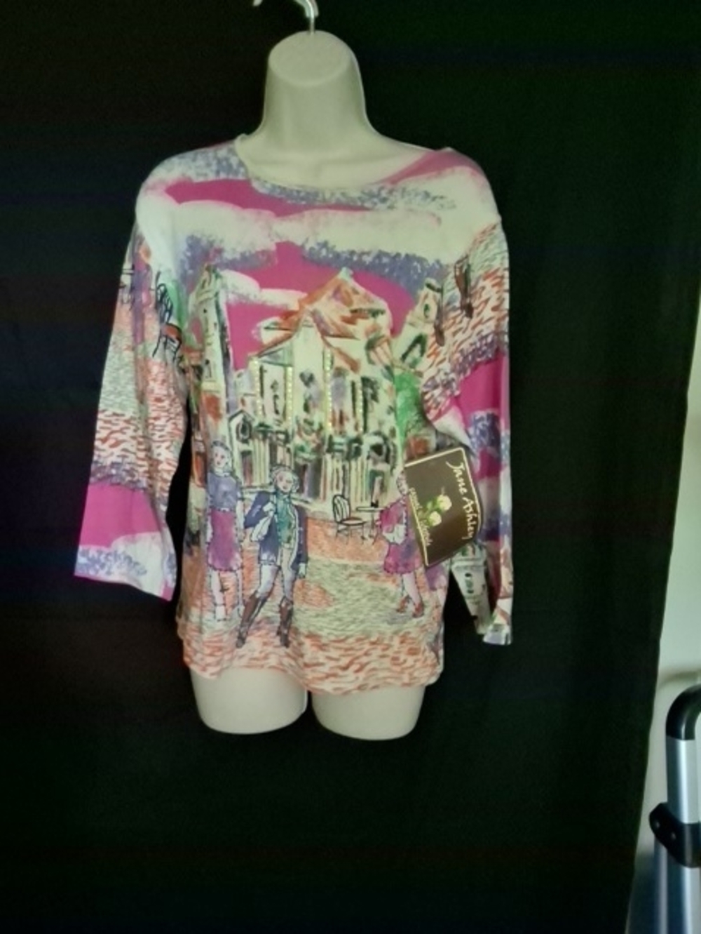 NWT Jane Ashley Pink Multi-Color Scenic Long Sleeve Tee Size M/L Squin BEADS